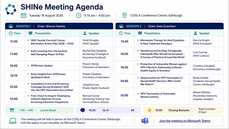 Agenda for the Scottish HPV Investigators Network (SHINe) Meeting on 18 August 2026, including the programme, speakers, venue and attendance details.